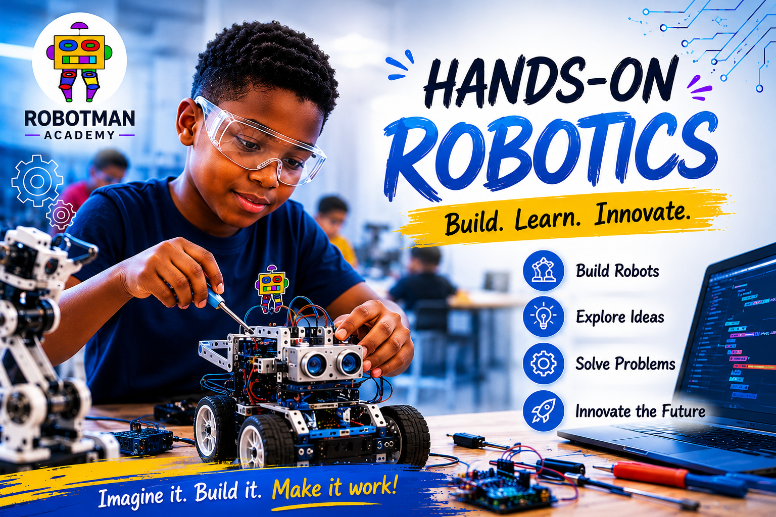 Kids learning robotics by building a robot car with sensors and electronics