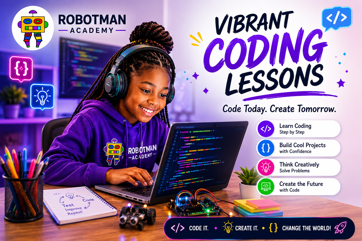 Kids and teens learning coding online with laptops and robotics kits