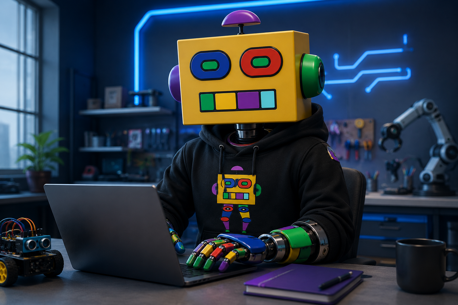 Students learning robotics and coding with laptops and robot kits at Robotman Academy